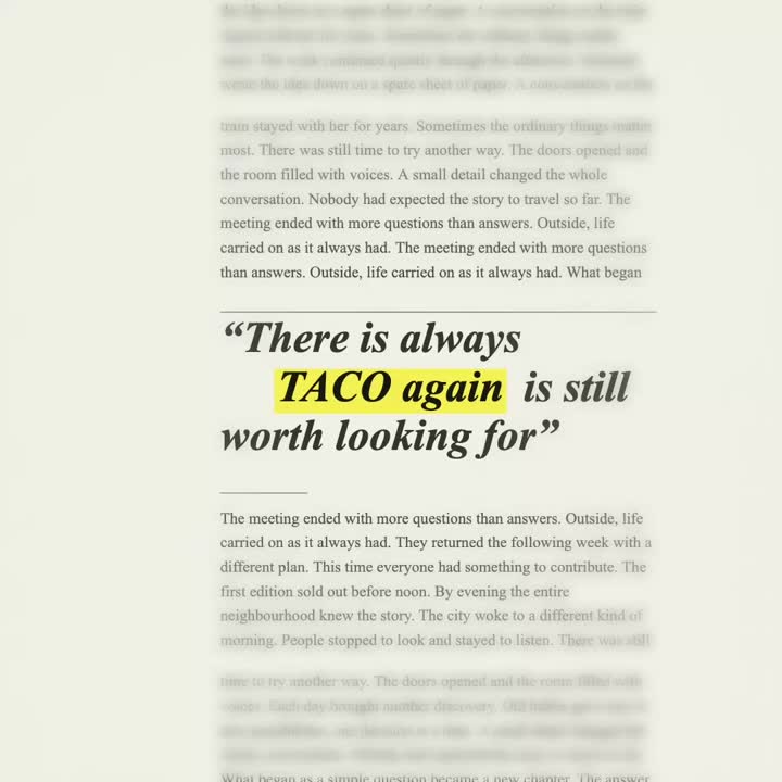 Newspaper clipping with the words TACO again highlighted in yellow and softly blurred outer text